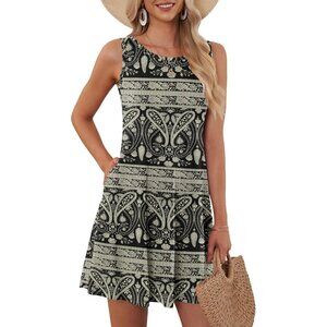 Women's Floral Black Sleeveless Crew Neck Summer Boho Beach Dress with Pockets